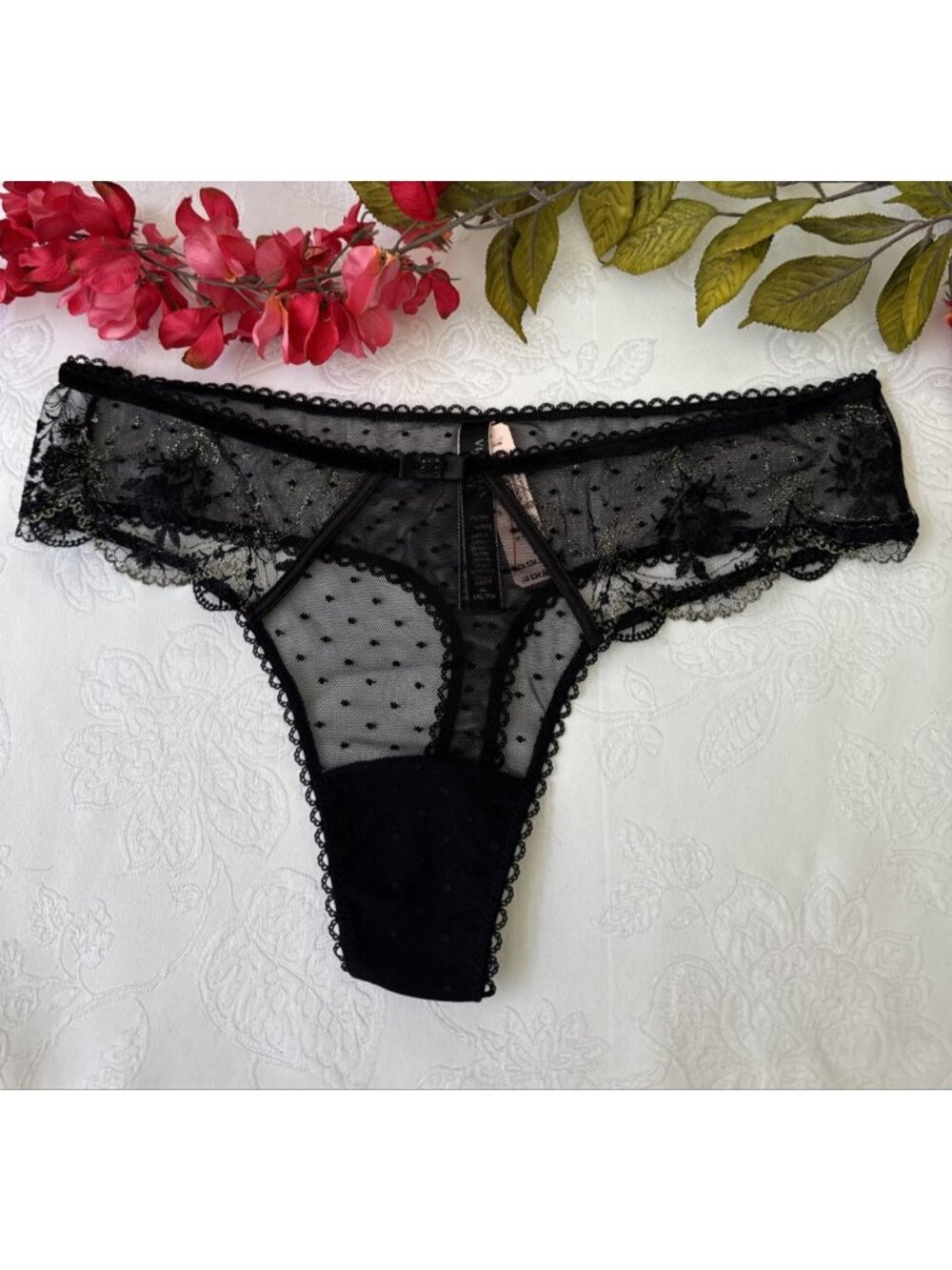 VICTORIA'S SECRET M VERY SEXY BLACK GOLD POLKA DOT MESH LACE THONG PANTIES $35